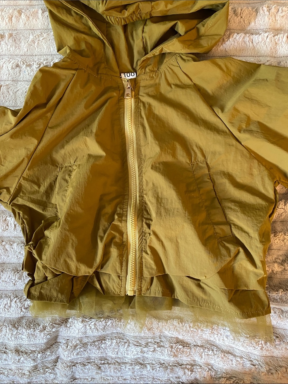 NWOT, Mustard Yellow Hooded Zip Front Jacket with Mesh Ruffles at the Hem